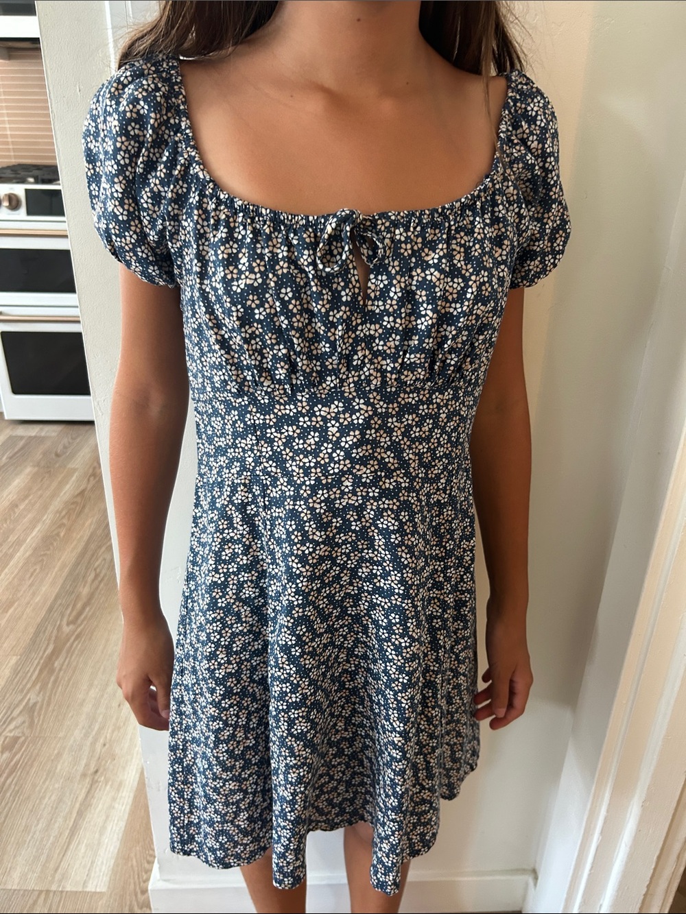 Floral Square-Neck Puff Sleeve Dress in Navy